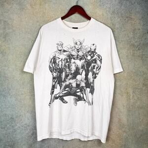 VTG Y2K Marvel Mad Engine Graphic T Shirt Sz L Black & White Spiderman Thor Cap
